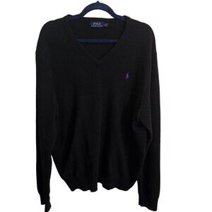 Polo Ralph Lauren Black 100% Lambswool V Neck Classic Sweater Size XL